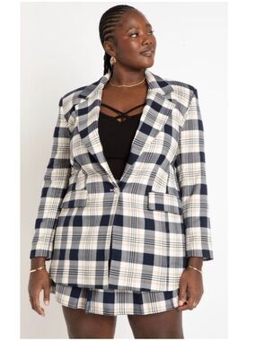 NWT Eloquii Relaxed Tartan Plaid Single Breasted Blazer Jacket Preppy Navy 26